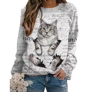 Playful Kitten Long Sleeve White Crew Neck Sweatshirt Pullover Top - S